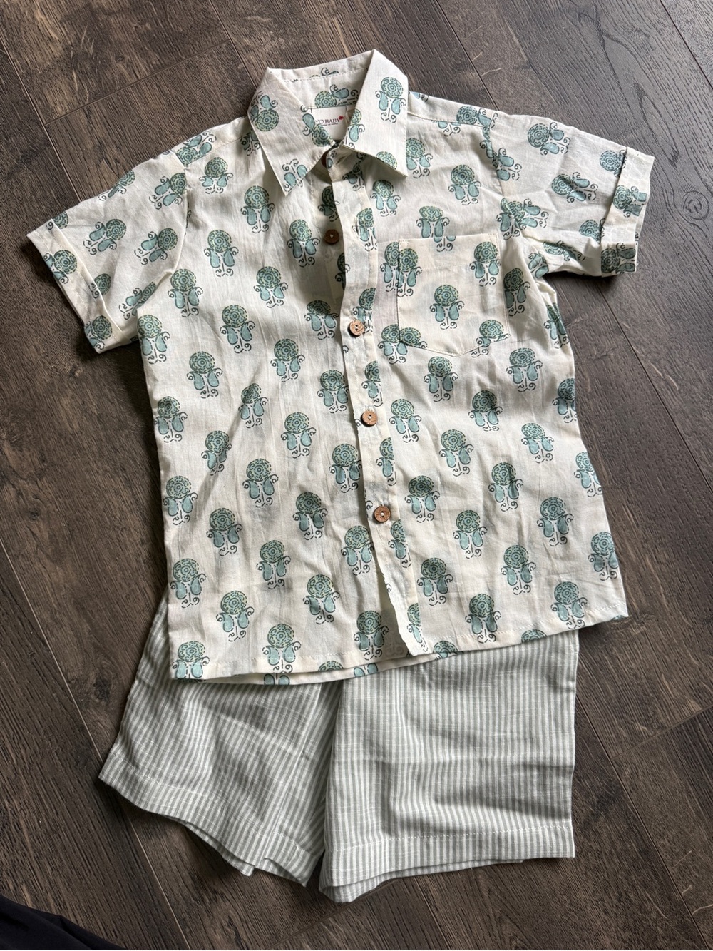 Kids Boys Short-Sleeve Button-Down Matching Set in Cream & Green